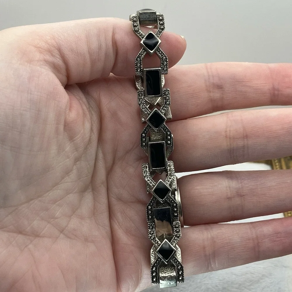 Vtg Silver Tone Art Deco Black Enamel Faux Marcasite Bracelet Great Gatsby Glam